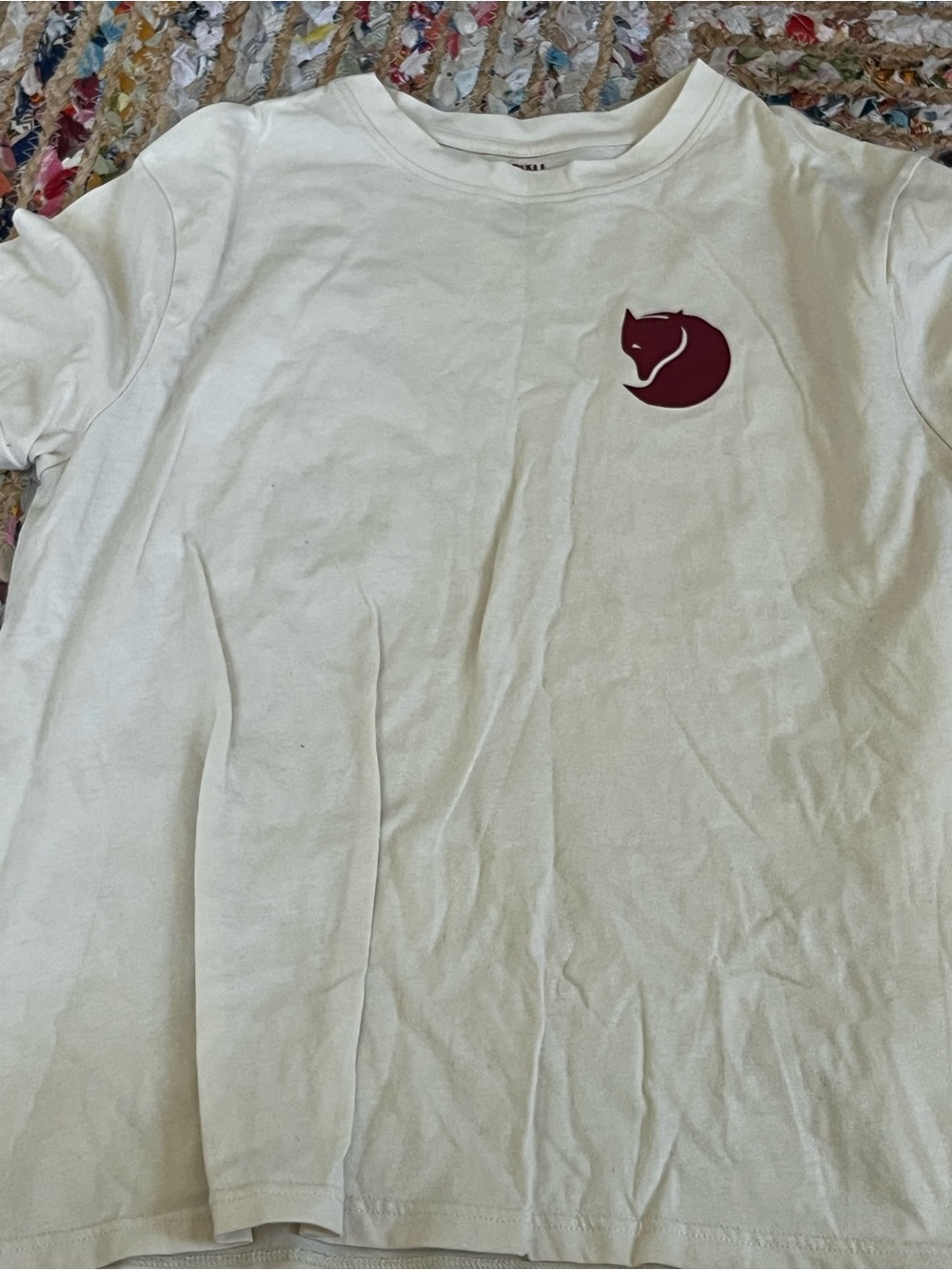 Women’s White Tee with Small Burgundy Fox Graphic